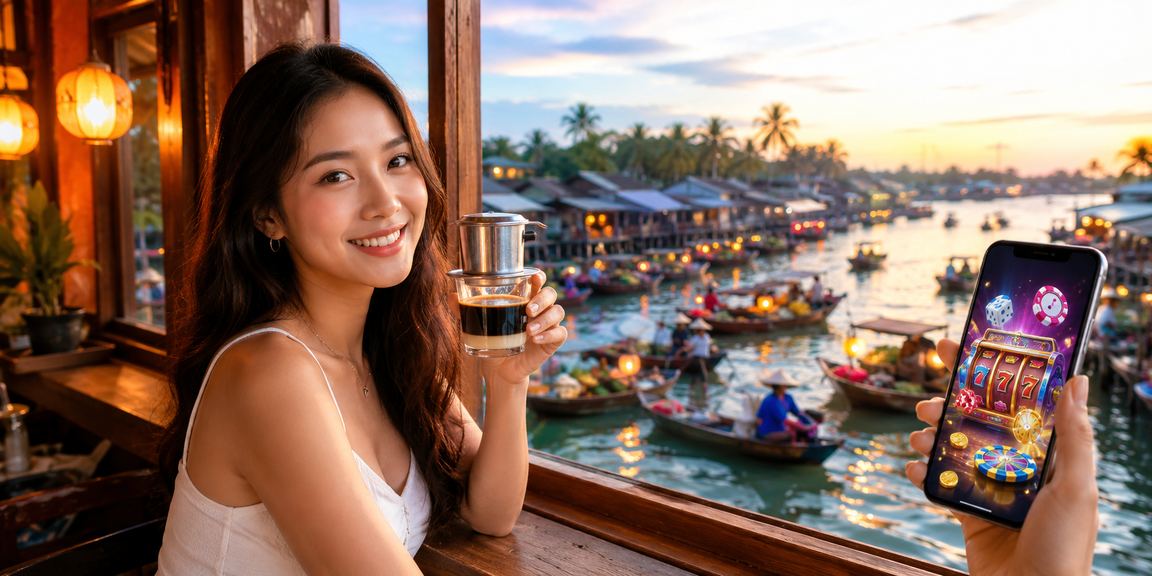 Người dùng chơi mobile casino tại Phú Quốc bên ly cà phê Việt Nam